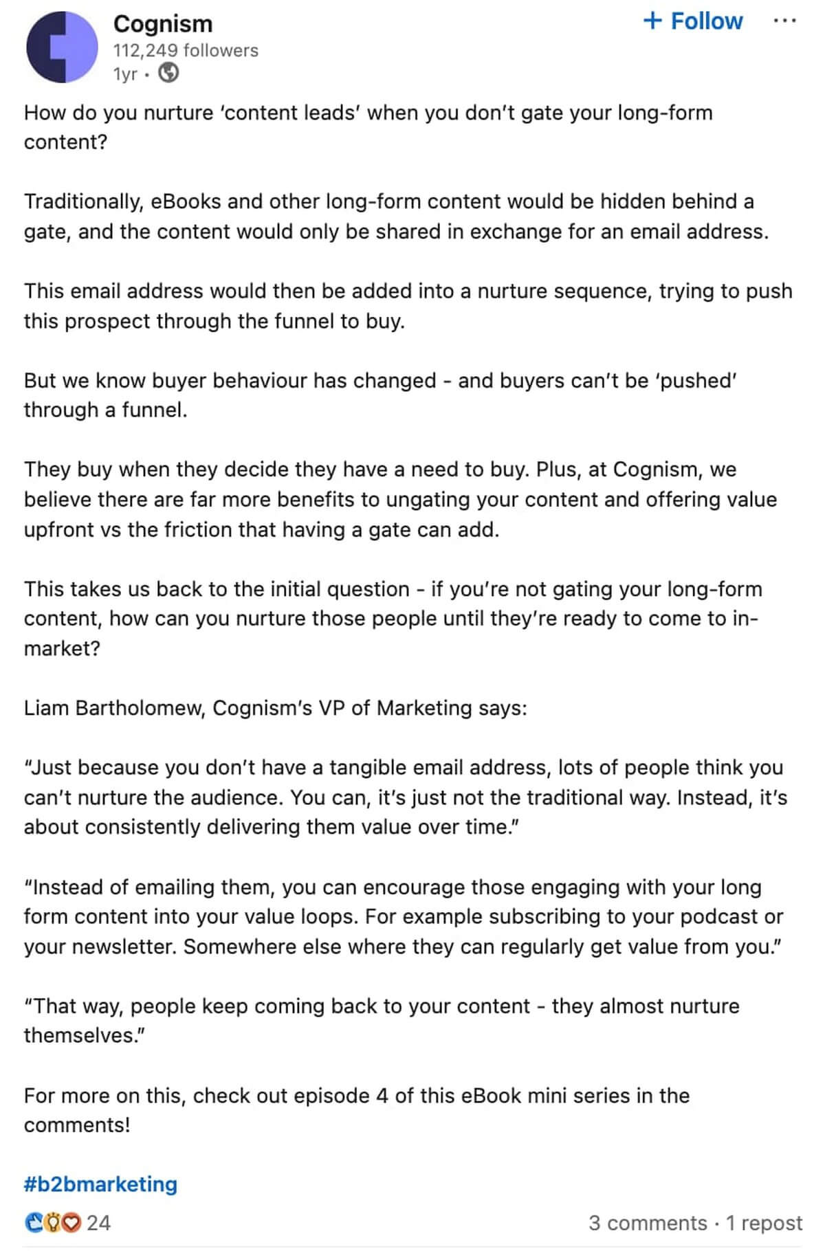 screenshot of liam barthomew linkedin posted about ungated content for a piktochart article on ebook marketing