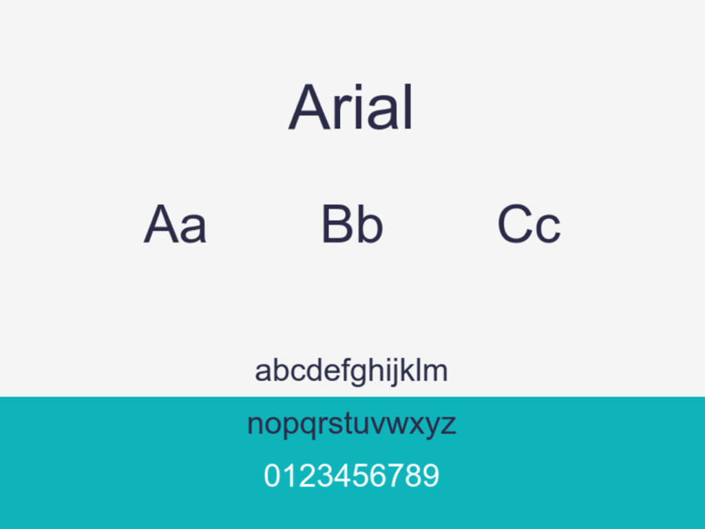 arial font sample: uppercase and lowercase alphabet and numerals