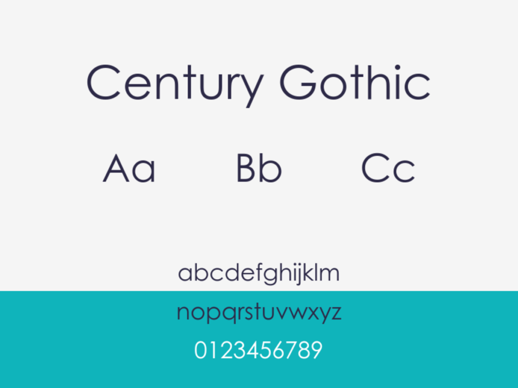 century gothic font sample: uppercase and lowercase alphabet and numerals