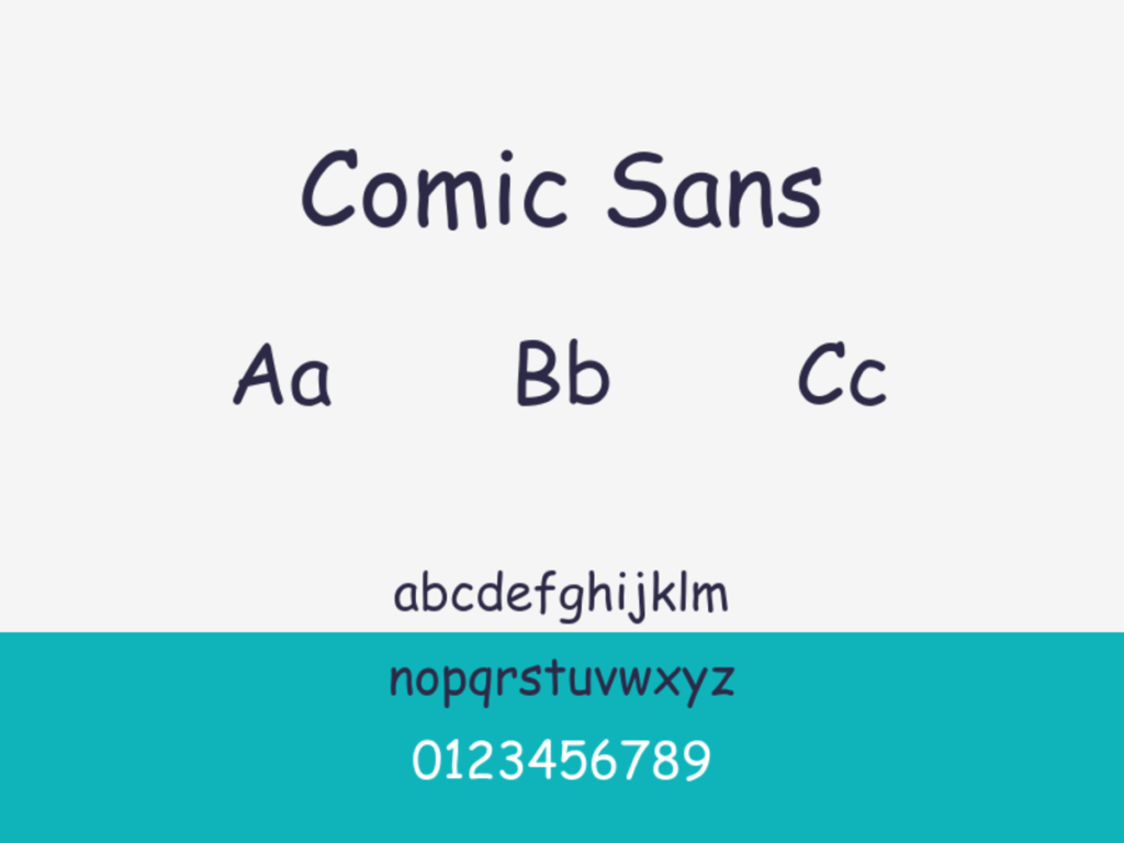 comic sans font sample: uppercase and lowercase alphabet and numerals