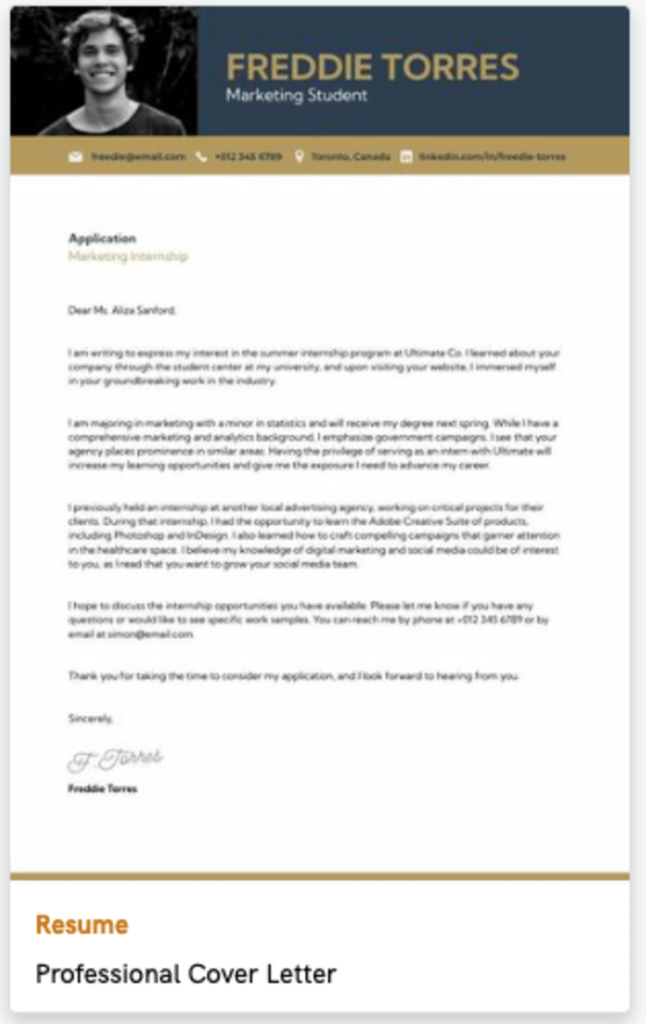 an example of a simple cover letter for an internship