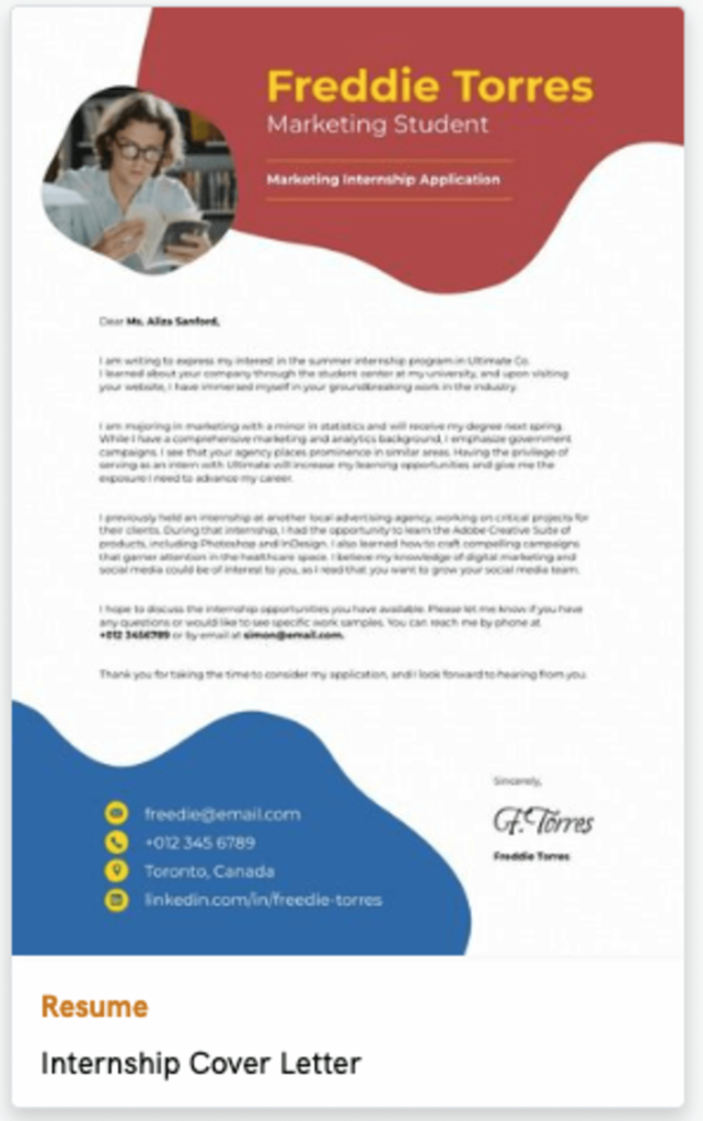 an example of a marketing student’s cover letter
