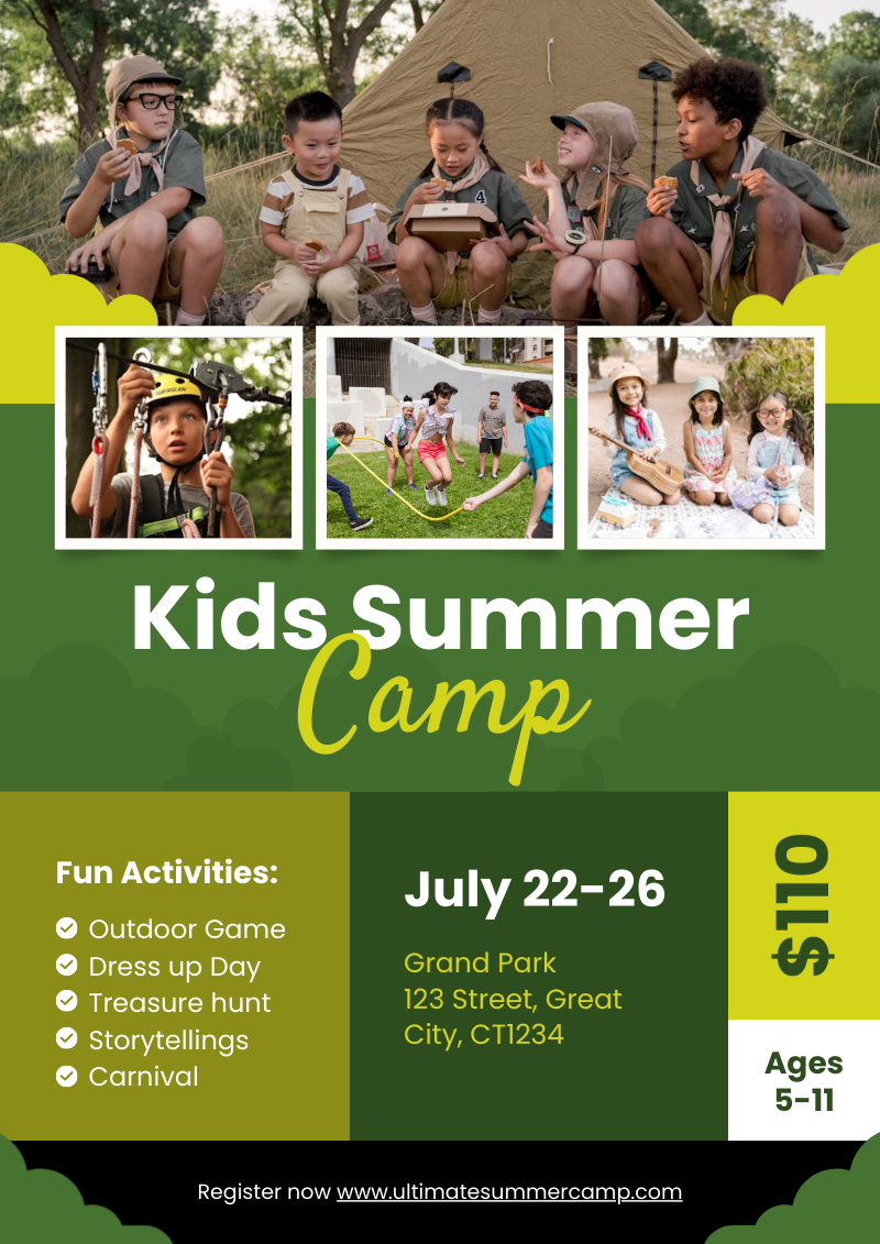 this is a green poster for a kids summer camp for a piktochart article about contrast in design