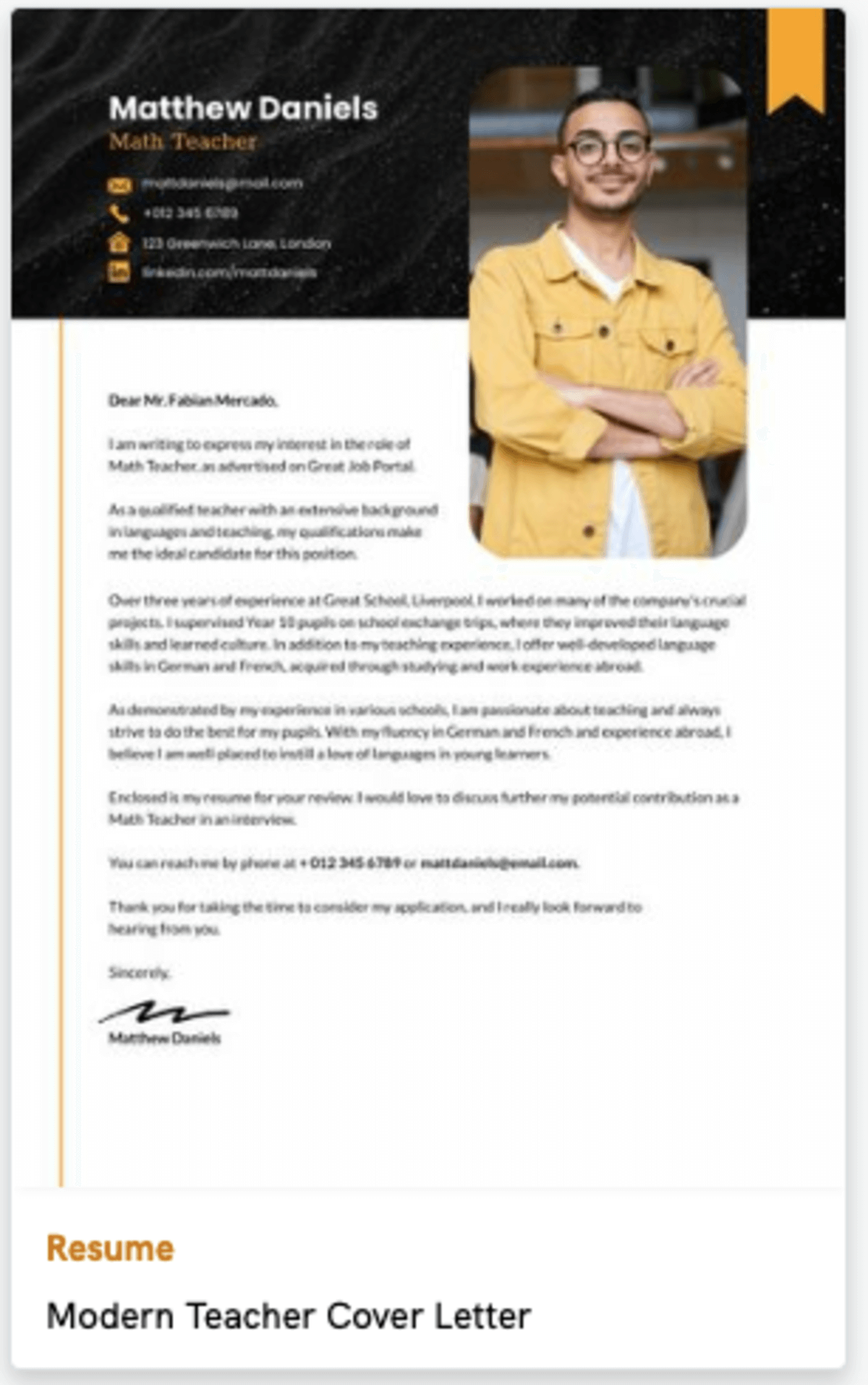 an example of a modern teacher's cover letter