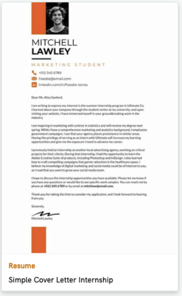 another example of a marketing student’s cover letter, demonstrating how to write a cover letter for an internship