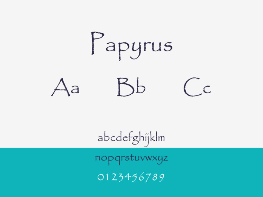 papyrus font sample: uppercase and lowercase alphabet and numerals