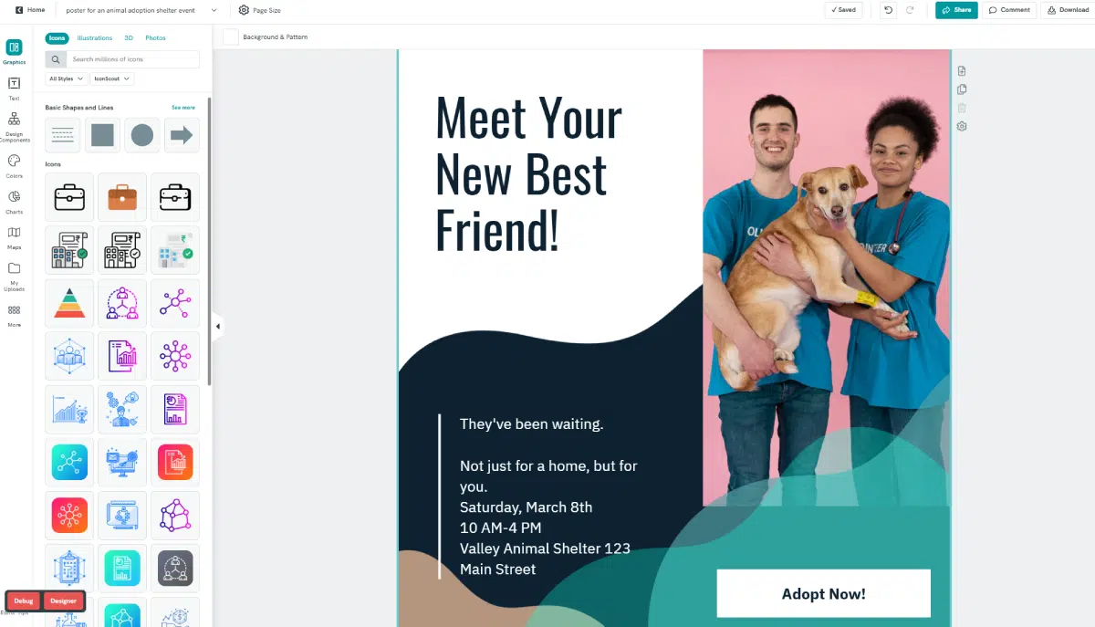 screenshot of piktochart editor, picture of an instagram template of a poster advertising a pet adoption event