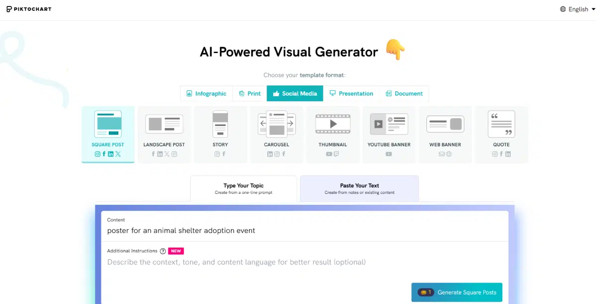 screenshot of piktochart ai editor, picture of text in the prompt box of poster for an animal shelter adoption event