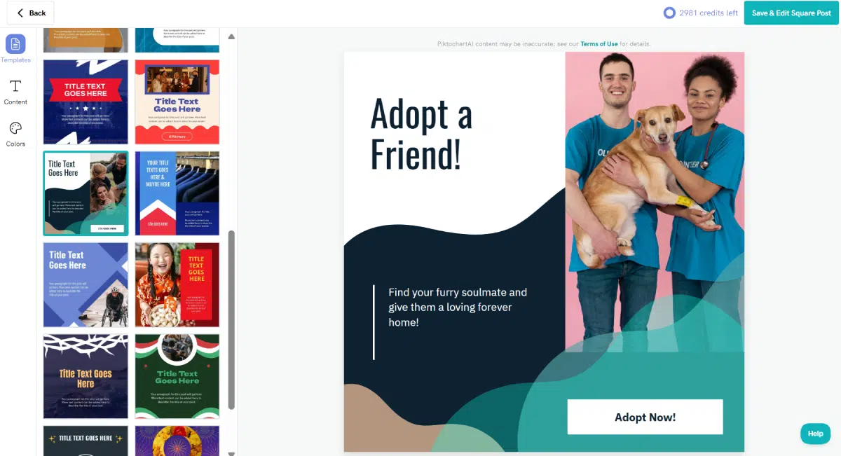 screenshot of piktochart ai instagram templates, left hand side with piktochart templates, right hand side a poster advertising a pet adoption event