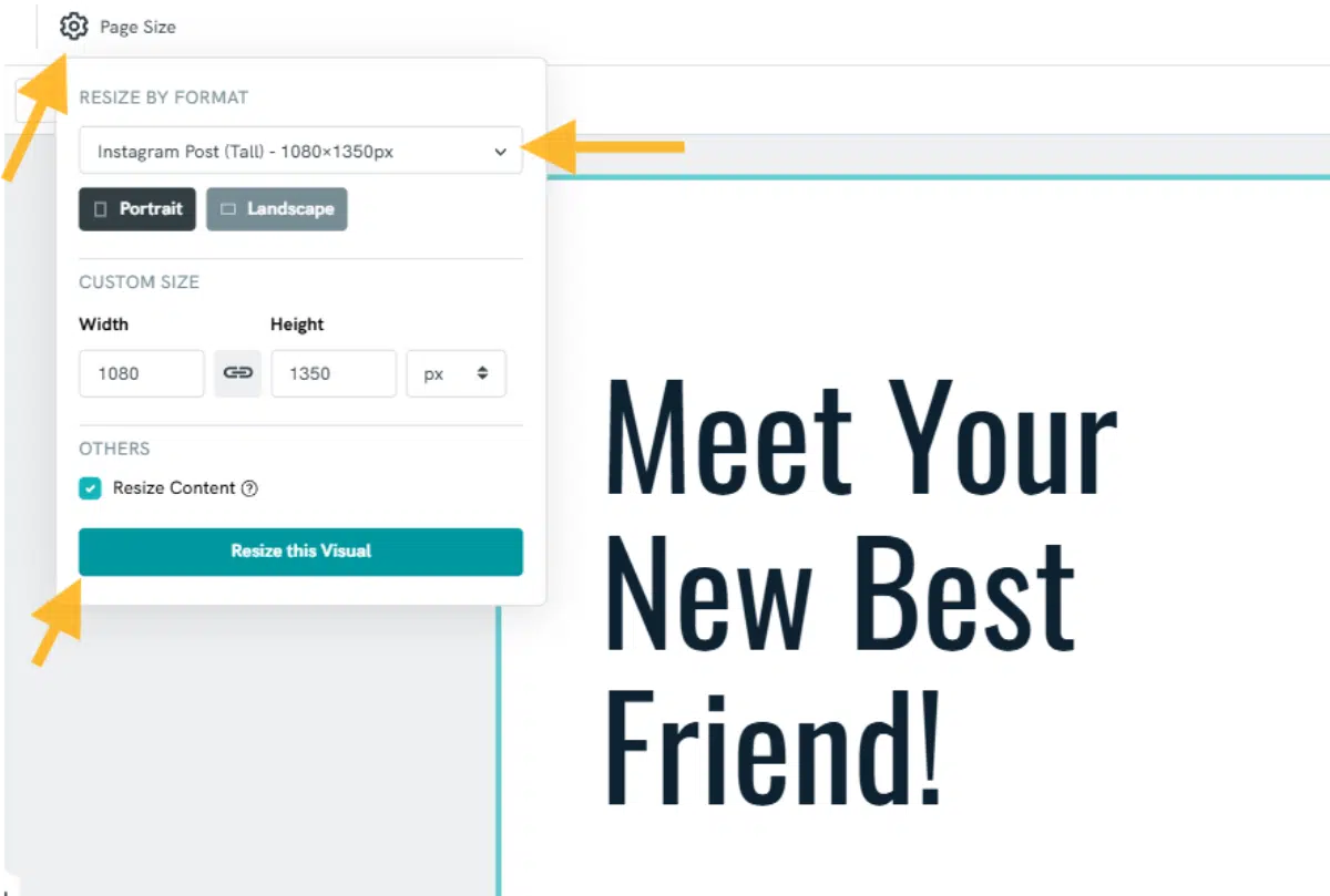 screenshot of piktochart editor and how to resize an image from the instagram outdated square format to the updated 4:5 ratio 1080 x 1350 dimensions