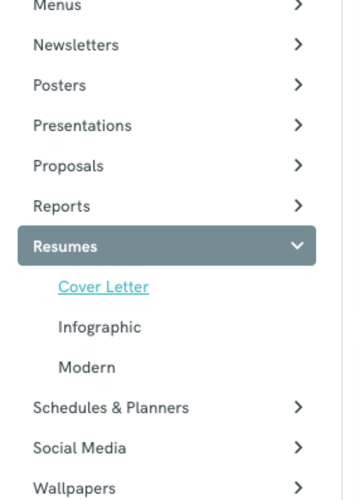 a menu selection in piktochart showing "resumes" expanding to reveal a "cover letter" option, this is useful for those who need to write a cover letter