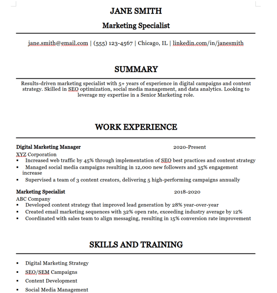 resume sample for jane smith, marketing specialist. includes summary, work experience, skills and training in georgia