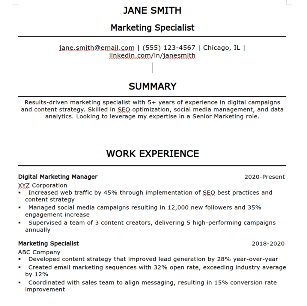 resume sample for jane smith, marketing specialist. includes summary, work experience, skills and training in verdana font