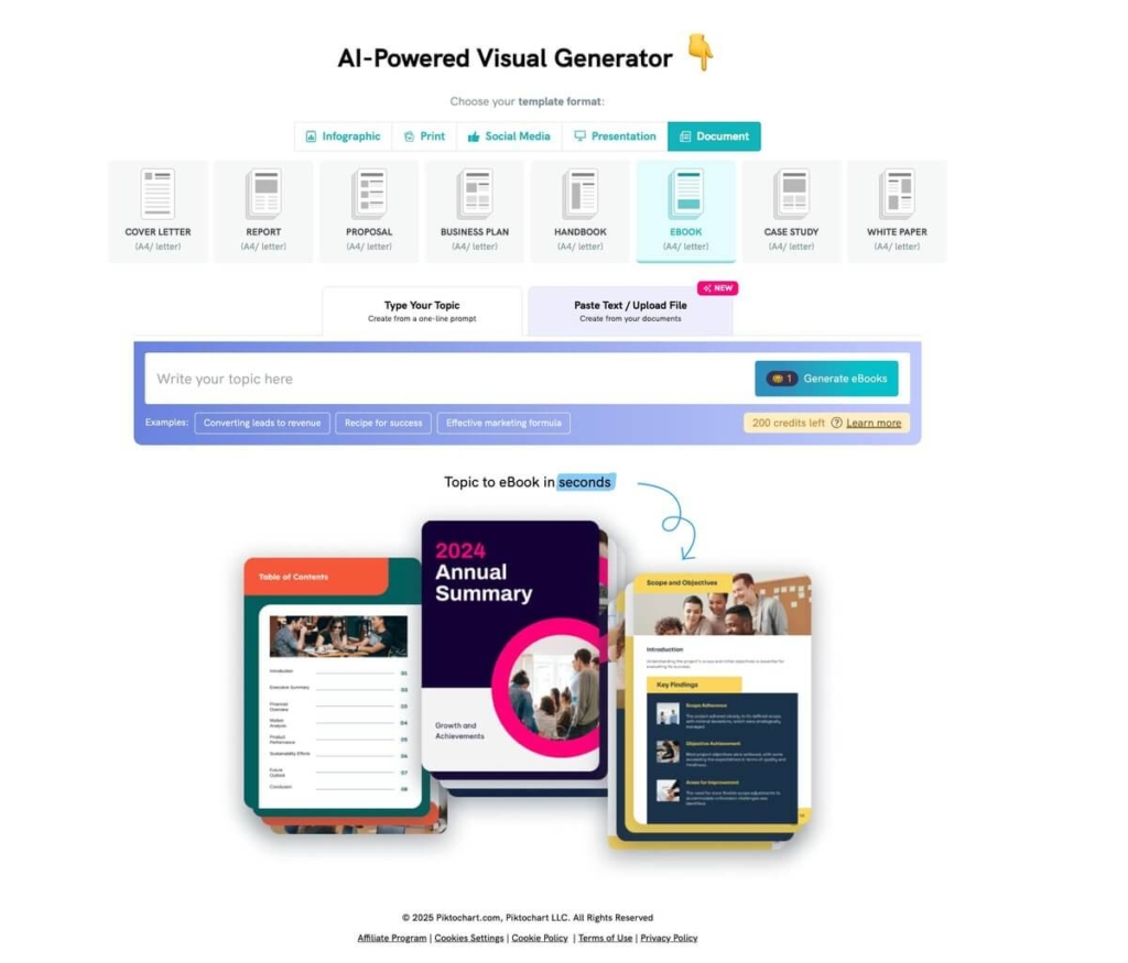 screenshot of piktochart ai ebook generator for a piktochart article on ebook marketing