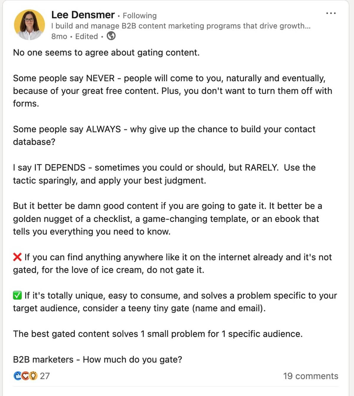 screenshot of lee demser barthomew linkedin posted about ungated content for a piktochart article on ebook marketing