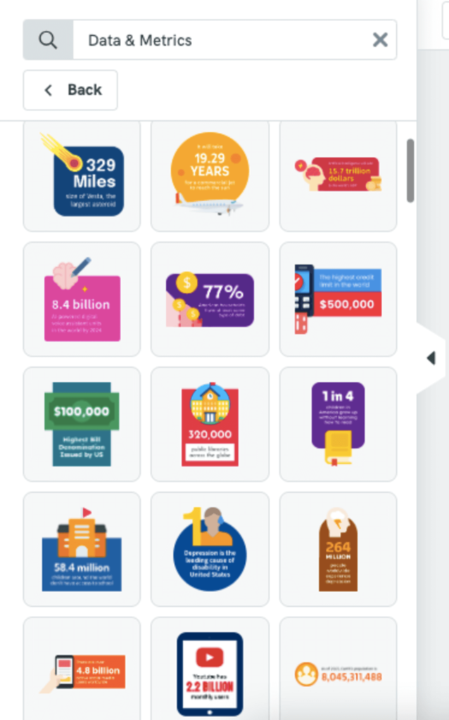 a menu selection in piktochart different icons and stickers to use when designing a cover letter