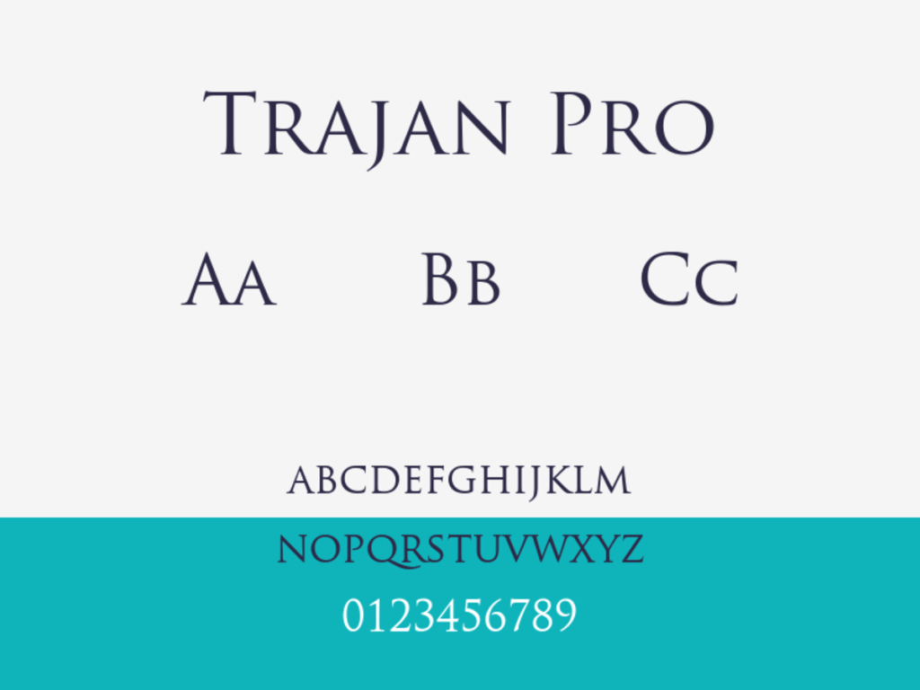 trajan pro font sample: uppercase and lowercase alphabet and numerals