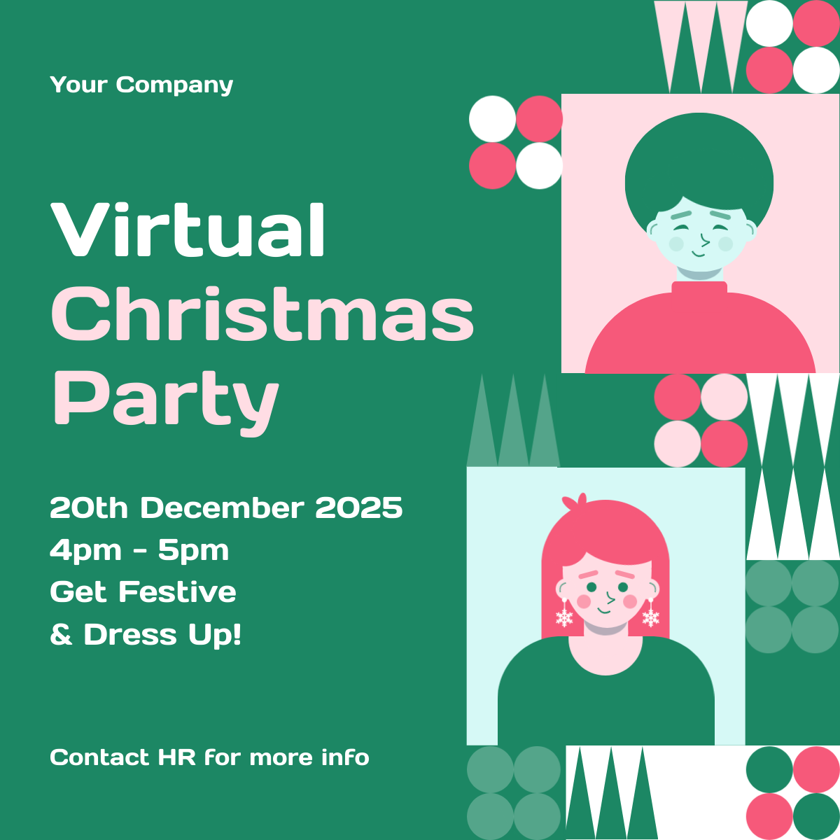 this is a poster for a virtual christmas party for a piktochart article about contrast in design