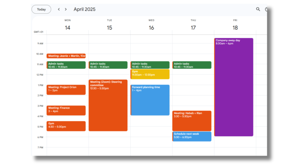digital calendar view of april 2025 workweek showing effective calendar management with color-coded time slots for meetings, admin tasks, working hours, and buffer time to prevent double booking, perfect for executive calendar management