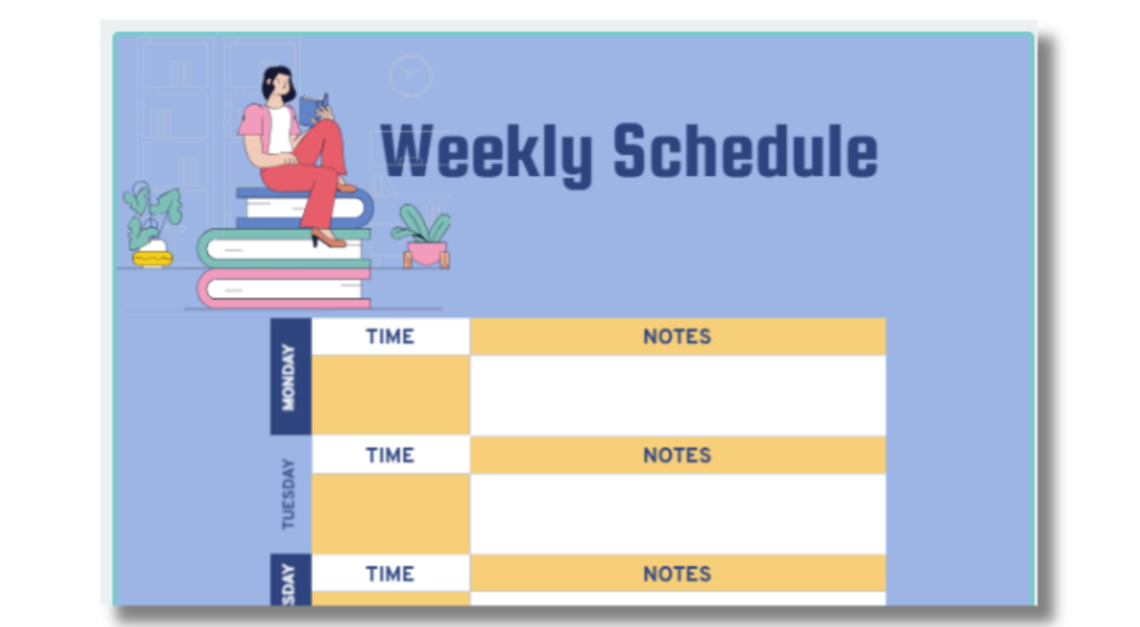 weekly schedule template with streamline design featuring illustration of person sitting on stack of books, offering a simple calendar management tool to help prioritize tasks and improve productivity