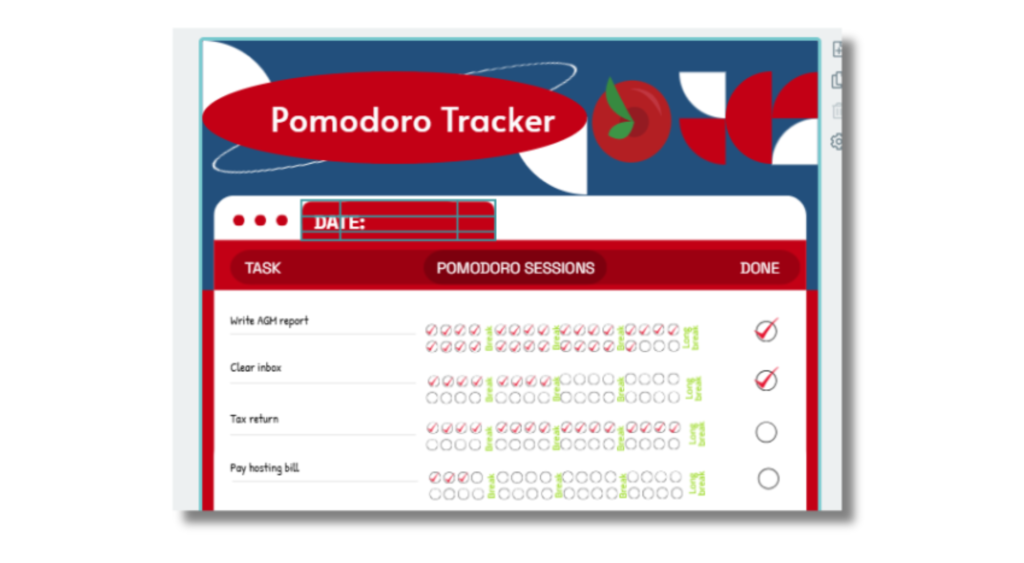 pomodoro tracker template with productivity features like visual representation of completed focus sessions, helping executive assistants and virtual assistants manage their time and get things done efficiently