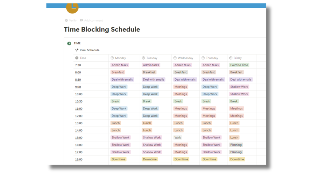 detailed time blocking schedule demonstrating how to optimize your calendar with color-coded blocks for deep work, task batching, meetings, admin tasks, breaks, and allocating time for daily tasks from 7:30 am to 6:00 pm