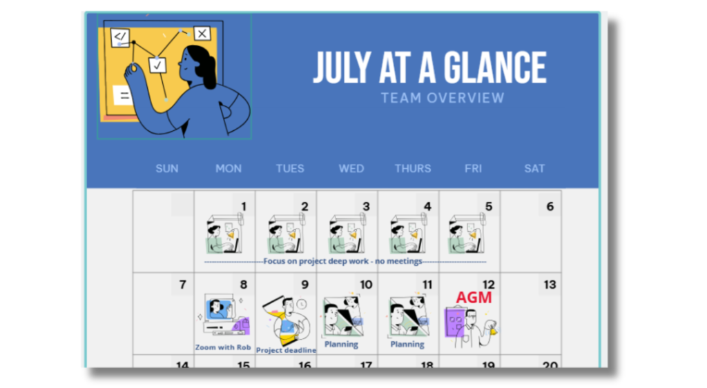 july at a glance team overview displaying a well-organized master calendar with dedicated deep work period, buffer time between meetings, project deadline, and scheduling details to avoid scheduling conflicts