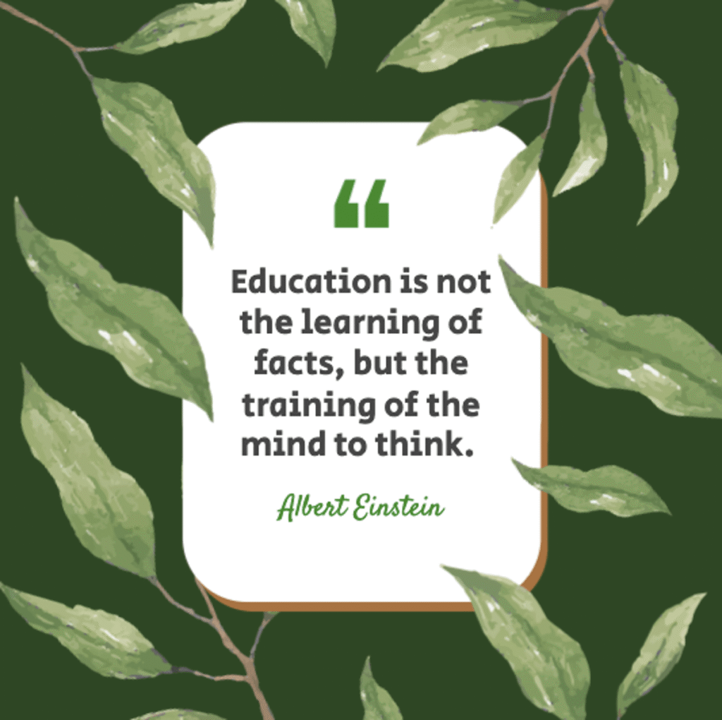 albert einstein inspirational quote "education is not the learning of facts, but the training of the mind to think," presented on a green background with decorative leaf elements, emphasizing how a good teacher explains while a superior teacher demonstrates