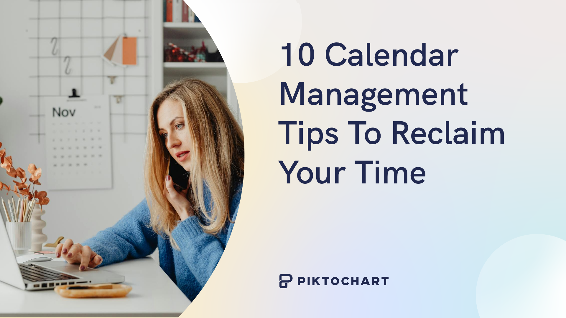 woman in blue sweater managing her digital calendar while talking on phone with a november calendar in background showing effective calendar management tips to reclaim your time from piktochart, ideal for executive assistants looking to boost productivity