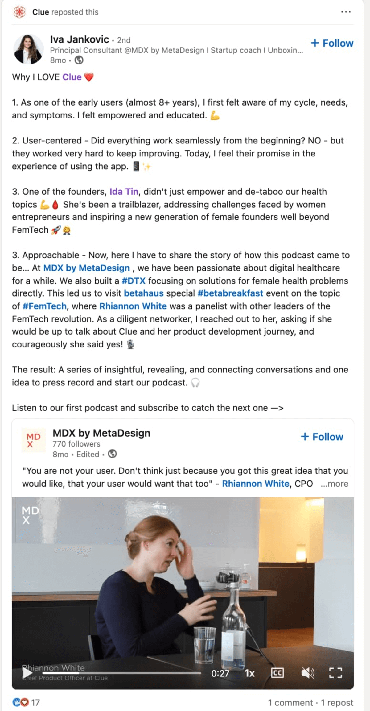 testimonial post about Clue app with numbered points highlighting user benefits and brand values, demonstrating how customer stories can create engaging content and build trust