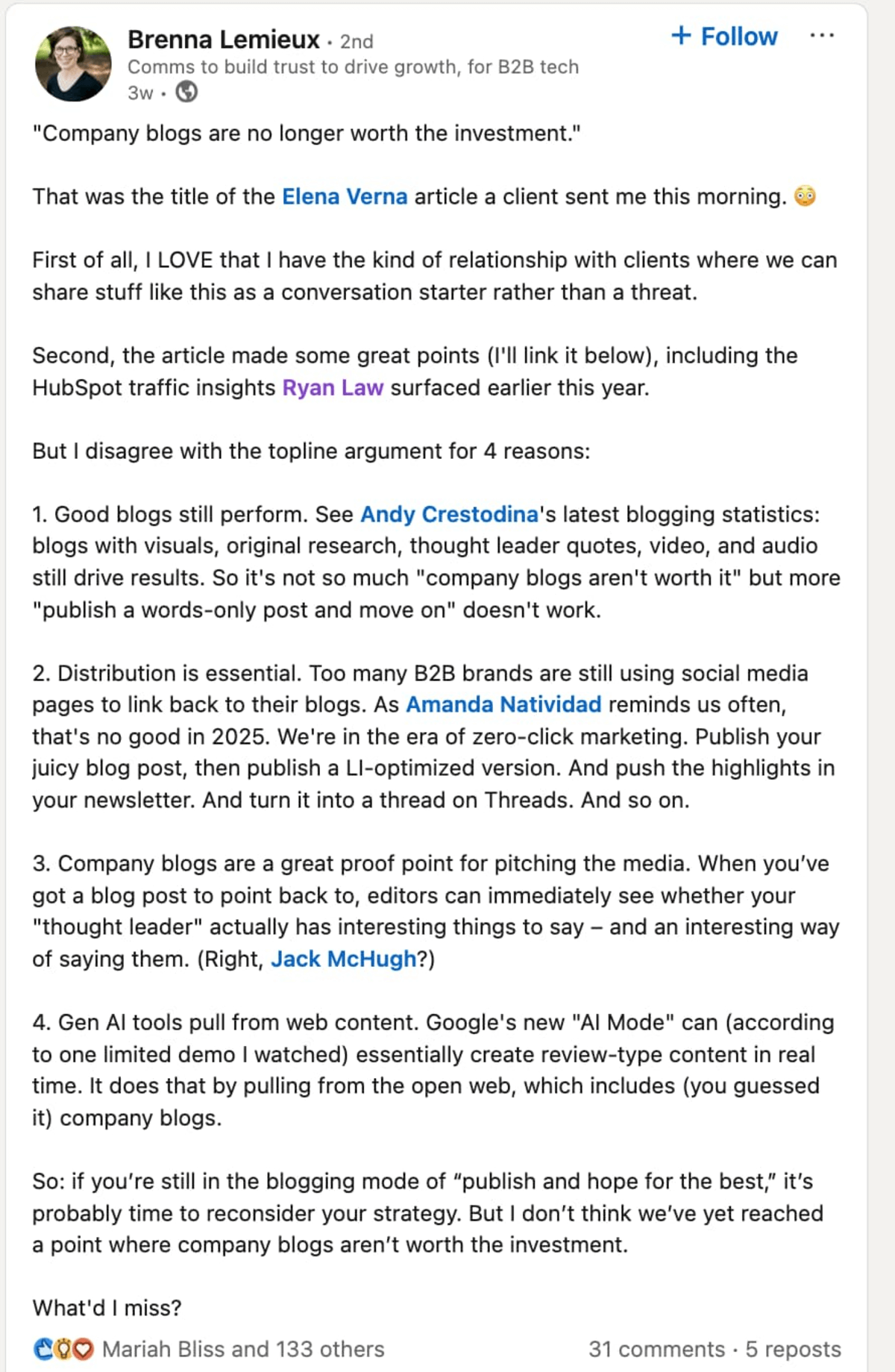 linkedIn post arguing why company blogs remain valuable with four specific points about content distribution and performance, showing the continued importance of blogging in a content strategy