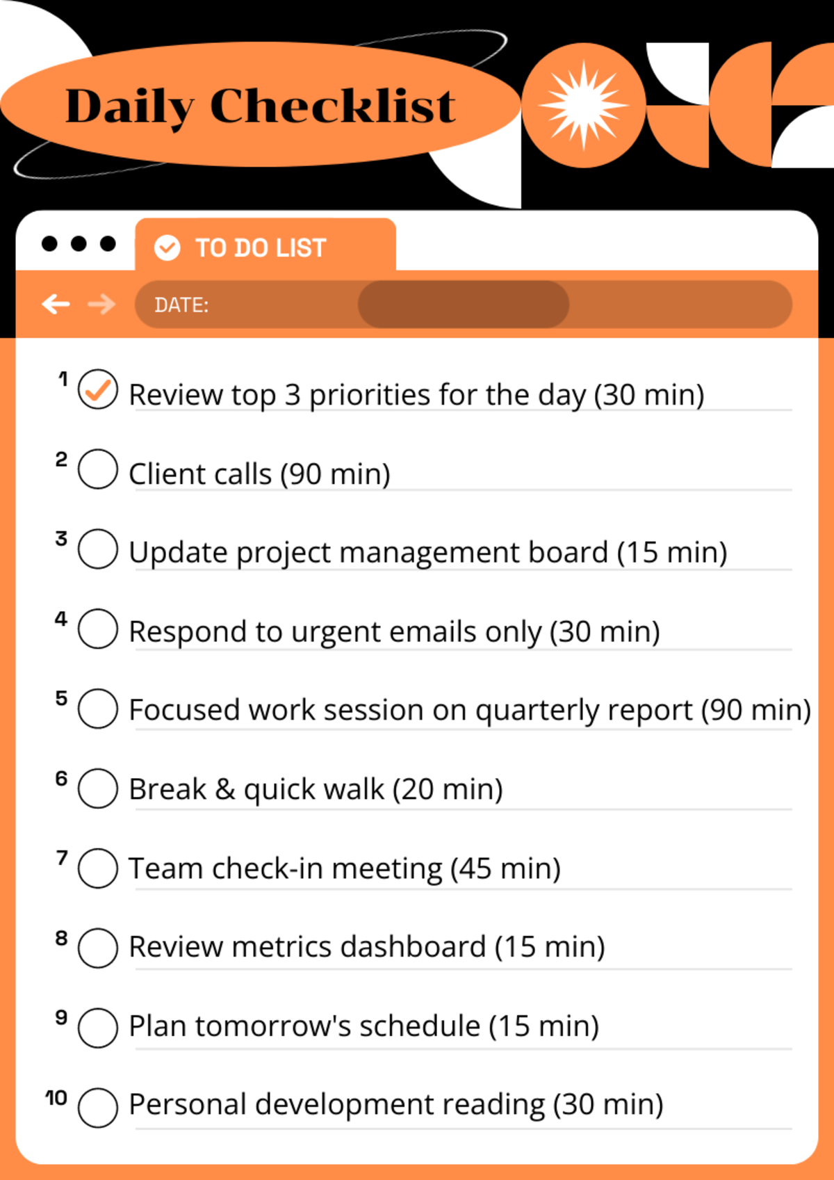 a modern daily checklist with an orange and black design showing 10 numbered tasks with specific time allocations for each activity, the digital style template helps visualize how to create a daily schedule with exact time estimates for maximum productivity