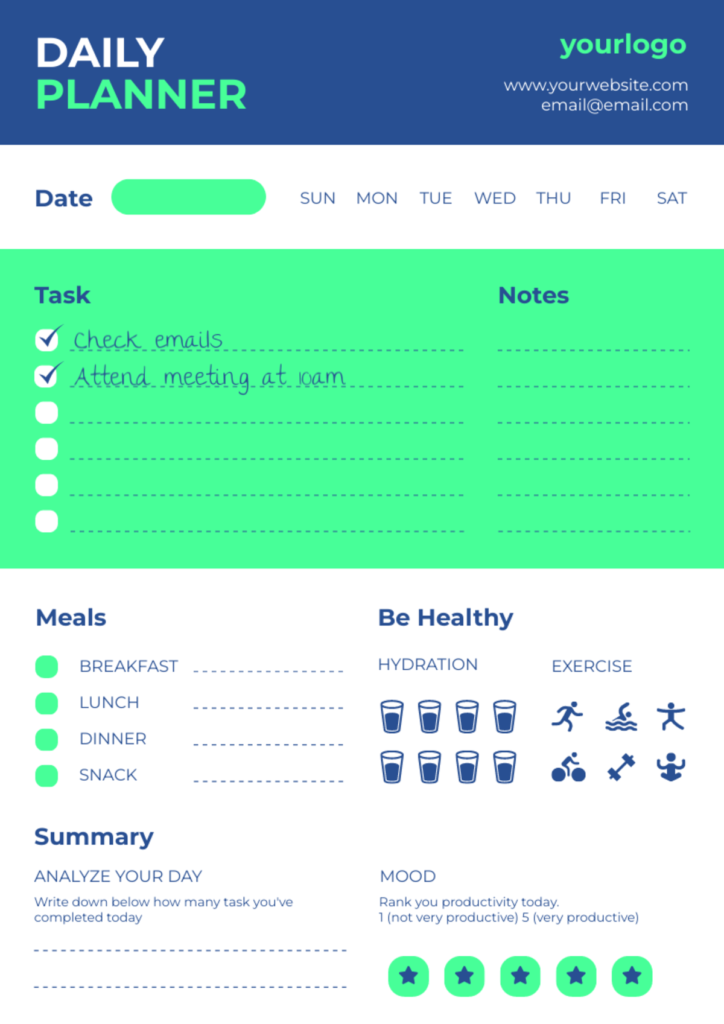 a daily planner template with blue and green color scheme featuring sections for date, tasks with checkboxes, notes, meals tracking, hydration monitoring with water glass icons, exercise options, and a productivity summary to help create a daily schedule that balances work and wellness goals