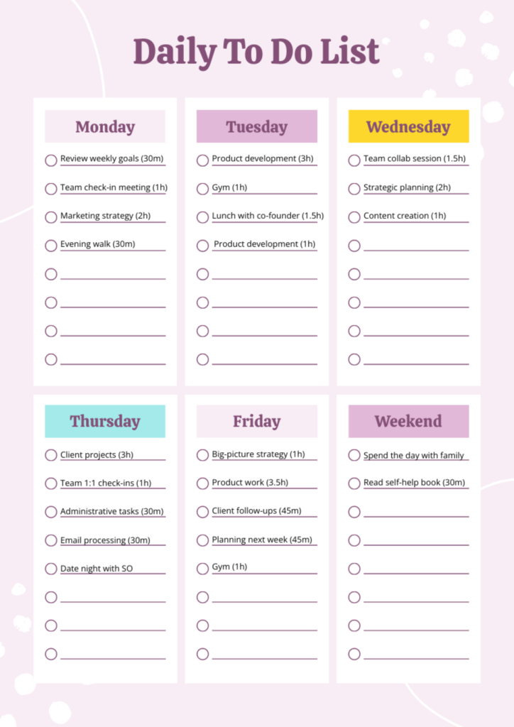 a weekly to do list template with purple background and color-coded days showing structured professional tasks with time allocations, the template allows users to efficiently create a daily schedule by allocating specific timeframes for work activities like product development, meetings, and personal tasks like gym sessions