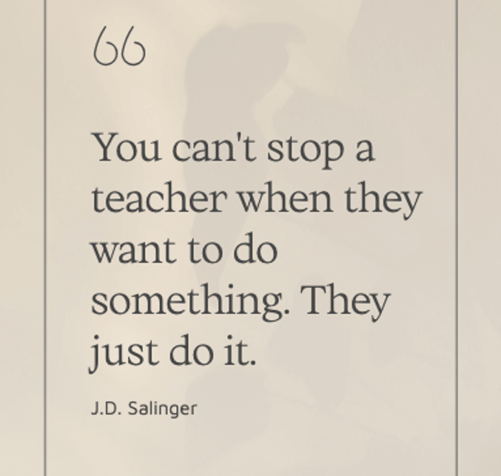 inspiring j d salinger quote that reads "you can't stop a teacher when they want to do something, they just do it," simple yet powerful inspirational teacher quote on a light background with a subtle shadow