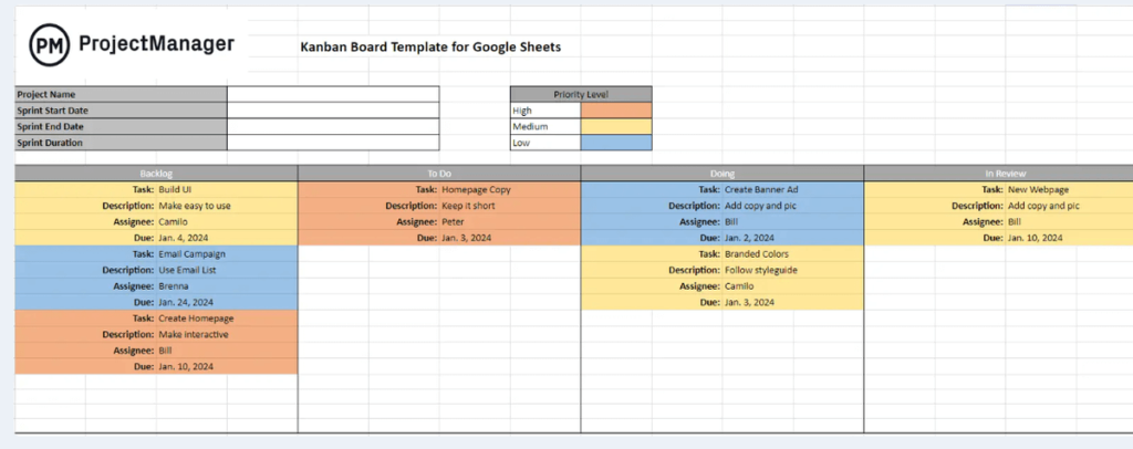 kanban board template for google sheets with columns for backlog, to do, doing, and in review, showing the difference between planning and scheduling in project management by organizing tasks with assignees, descriptions, and due dates
