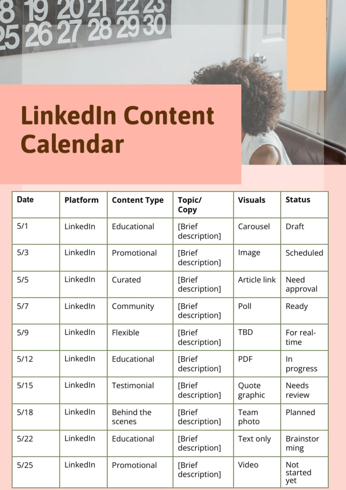 linkedIn content calendar template with scheduled posts showing different content types like educational, promotional, and community content, essential for managing a social media content plan