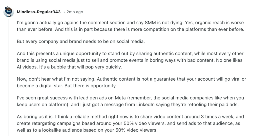 social media discussion about why social media marketing isn't dying despite challenges with organic reach, offering strategies for creating effective social media content including video content frequency