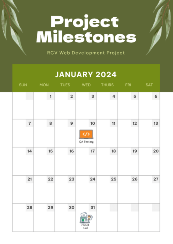 project milestones calendar titled "rcv web development project" for january 2024, highlighting key dates including qa testing on january 10 and a client call on january 31, demonstrating how a project manager can visualize critical task deadlines
