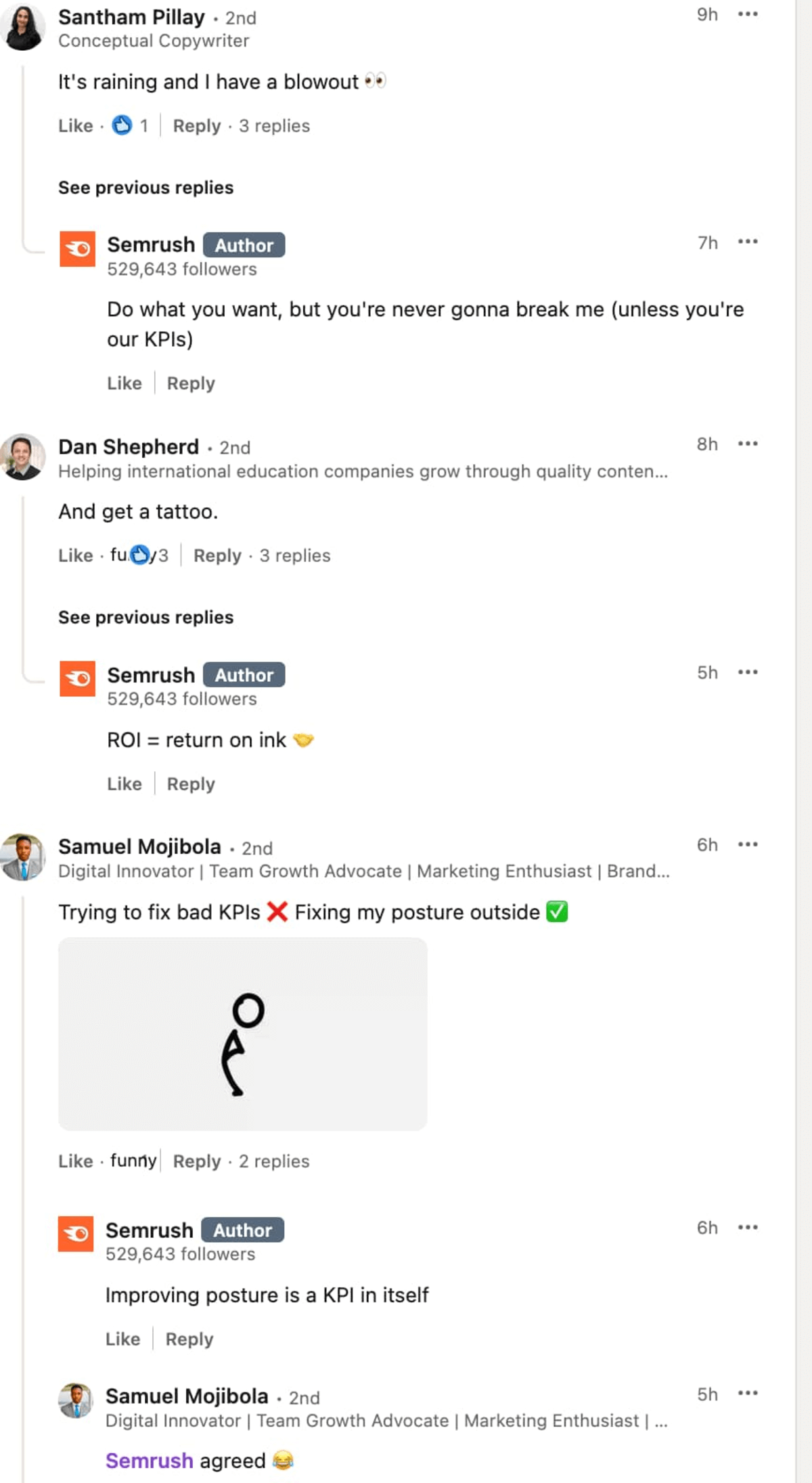 linkedin conversation thread featuring semrush responding to users with humorous comments about KPIs, showing how brands can develop a social media presence through authentic interactions