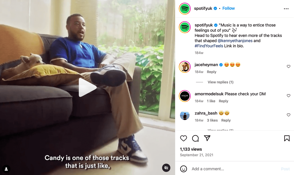 spotify UK social media post showing a person relaxing with a dog while discussing music, exemplifying how brands can create content that resonates with audiences through personal stories