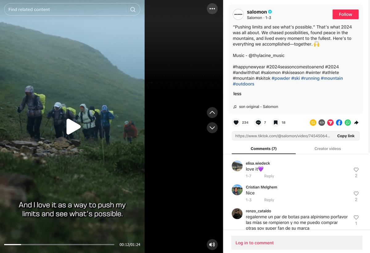 salomon social media post featuring hikers in mountains with motivational text about pushing limits, demonstrating engaging content that connects outdoor activities with inspirational messaging