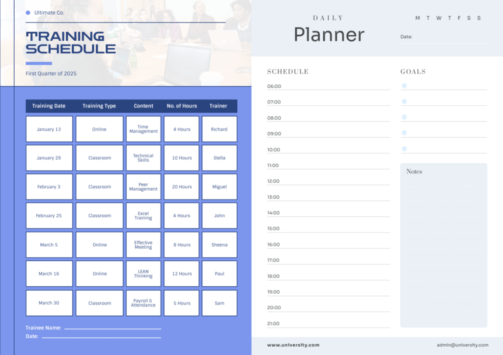 a professional template combining a first quarter 2025 training schedule with dates and course information on the left, and a daily planner with hourly time slots from 6:00 to 21:00 on the right, ideal for organizations looking to integrate training into their daily schedule template
