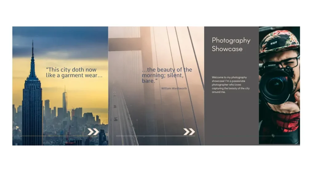 photography showcase triptych featuring city skyline at dawn and bridge in morning fog with william wordsworth quotes about morning beauty, inspiring good morning quotes paired with urban photography to set a positive tone for the day