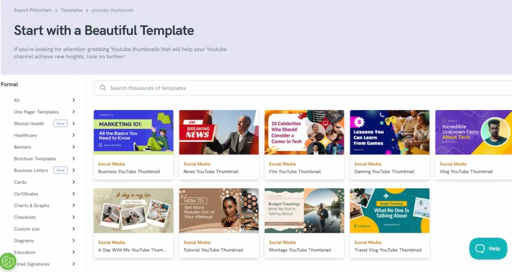 screenshot of Piktochart YouTube thumbnail templates