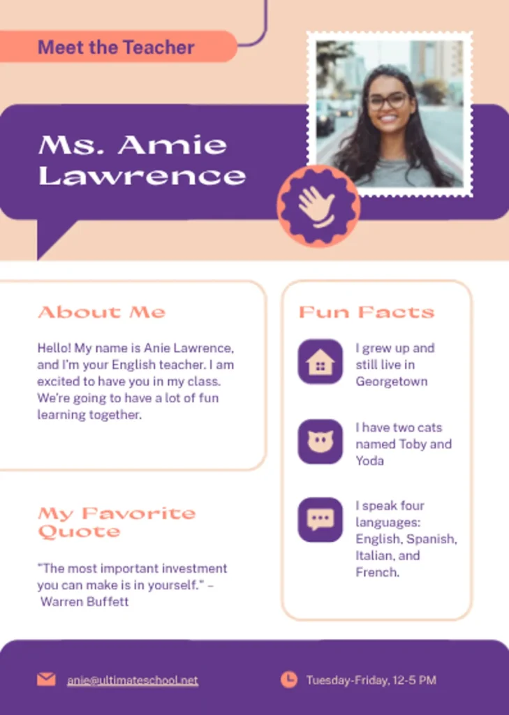 teacher introduction profile for ms amie lawrence showing her photo and information including warren buffett quote "the most important investment you can make is in yourself", promoting personal growth and self-development for students