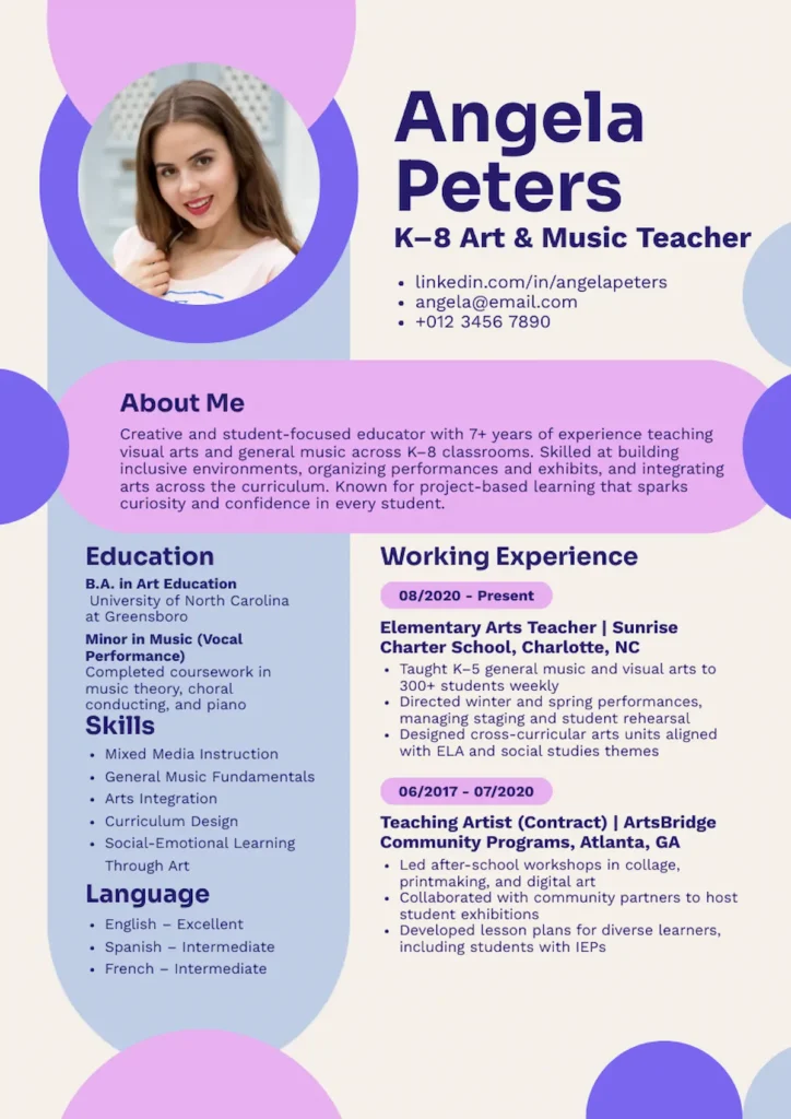 Art music teacher resume template example by Piktochart