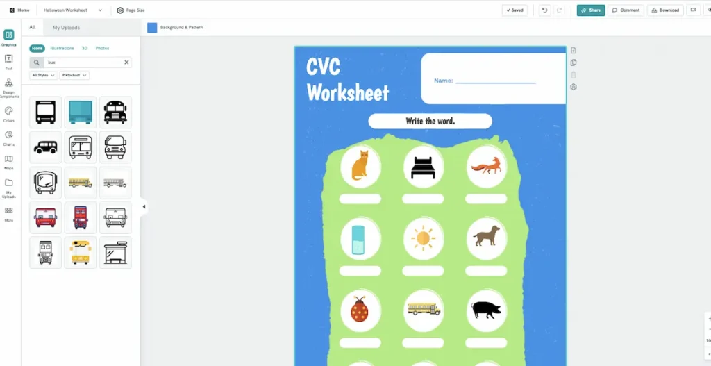 screenshot of graphic library in piktochart while editing your worksheet
