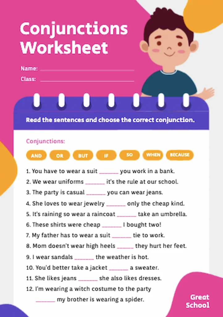 conjunction worksheet by piktochart