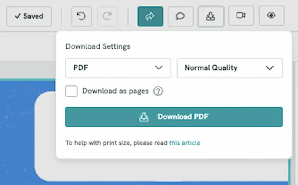 screenshot of pdf option for worksheet download piktochart